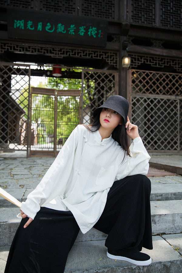 Women Retro Chinese Style Linen and Cotton Long Sleeve Loose Tops