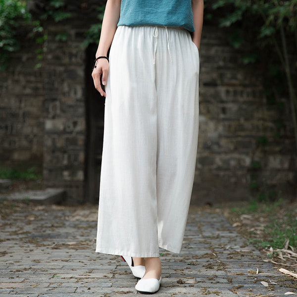 Women Linen and Cotton Yoga Style Wide Leg Cropped Pants