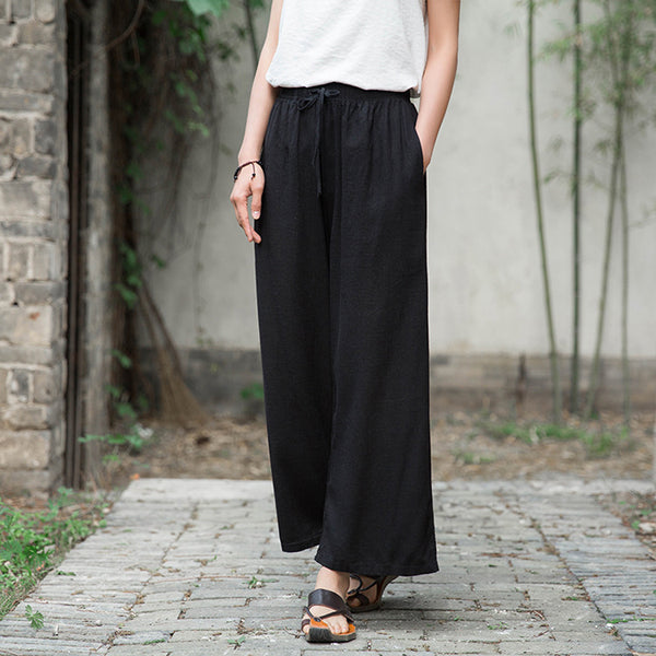 Women Linen and Cotton Yoga Style Wide Leg Cropped Pants
