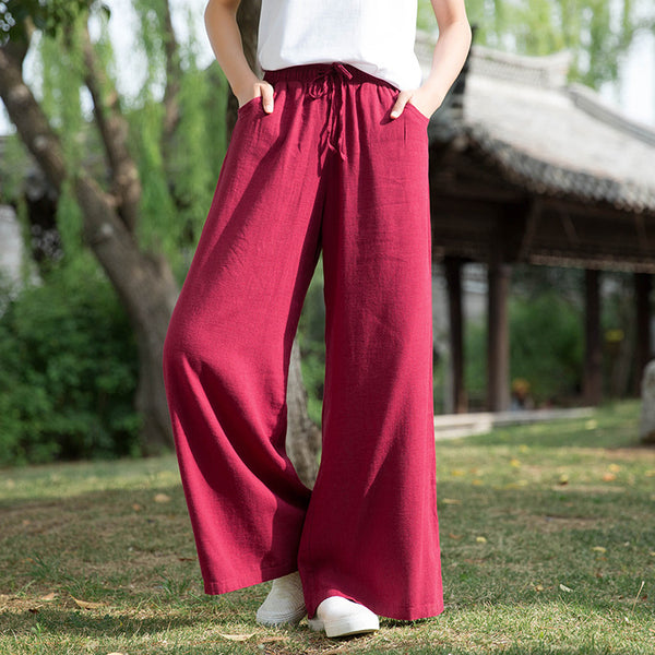 Women Sand Washed Linen and Cotton Wide Leg Pants