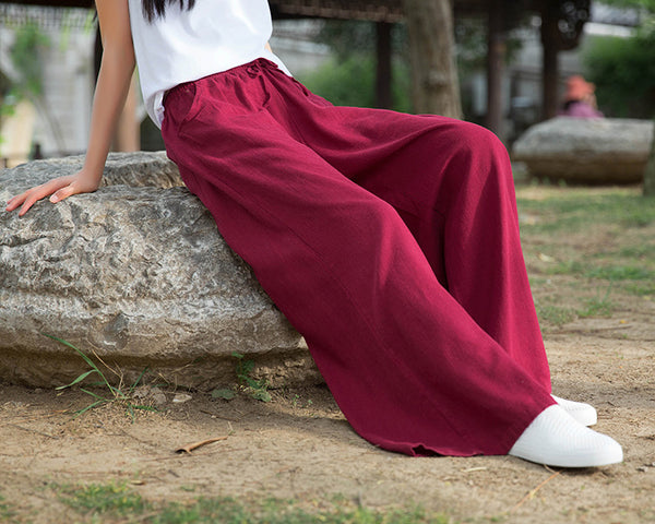 Women Sand Washed Linen and Cotton Wide Leg Pants