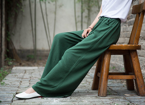 Women Sand Washed Linen and Cotton Wide Leg Pants