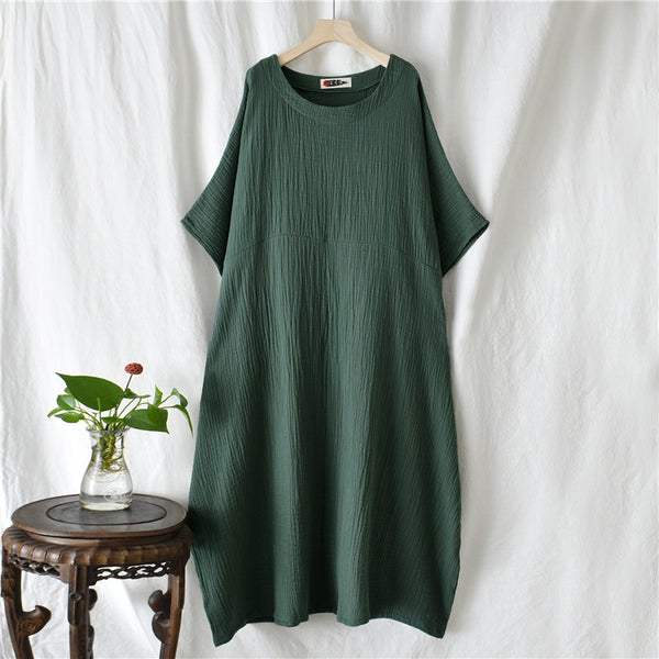Women Simple Winkled Linen and Cotton Long Sleeve Loose Dress