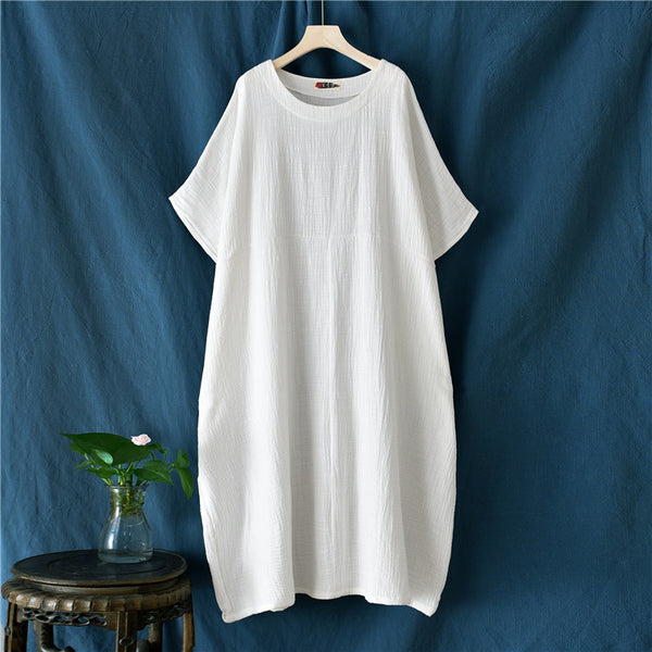 Women Simple Winkled Linen and Cotton Long Sleeve Loose Dress