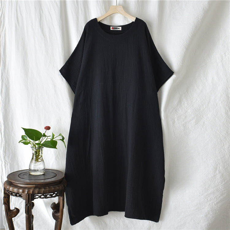 Women Simple Winkled Linen and Cotton Long Sleeve Loose Dress White Women Simple Winkled Linen and Cotton Long Sleeve Loose Dress White