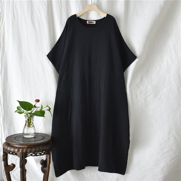 Women Simple Winkled Linen and Cotton Long Sleeve Loose Dress