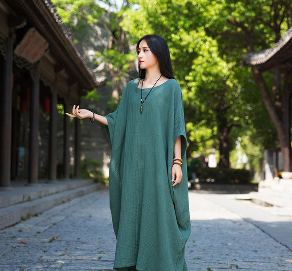 Women Simple Winkled Linen and Cotton Long Sleeve Loose Dress