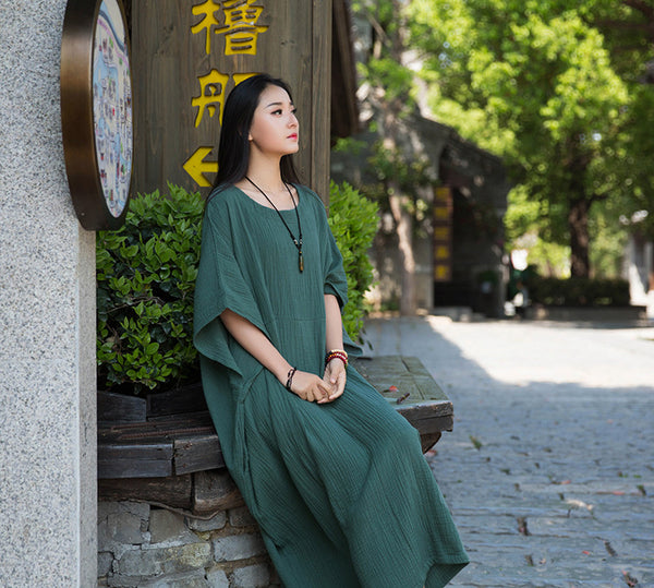 Women Simple Winkled Linen and Cotton Long Sleeve Loose Dress