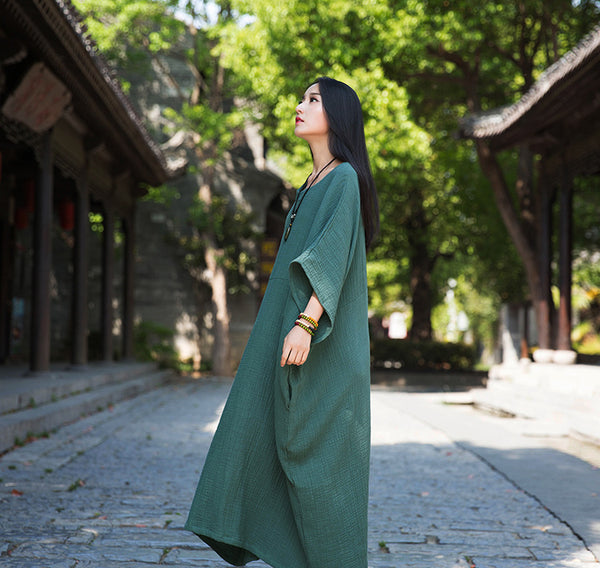 Women Simple Winkled Linen and Cotton Long Sleeve Loose Dress