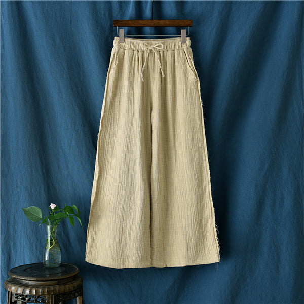 Women Wrinkled Linen and Cotton Yoga Style Wide Leg Pants