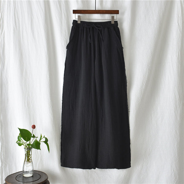 Women Wrinkled Linen and Cotton Yoga Style Wide Leg Pants