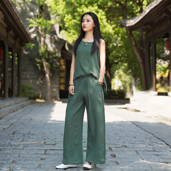 Women Wrinkled Linen and Cotton Yoga Style Wide Leg Pants