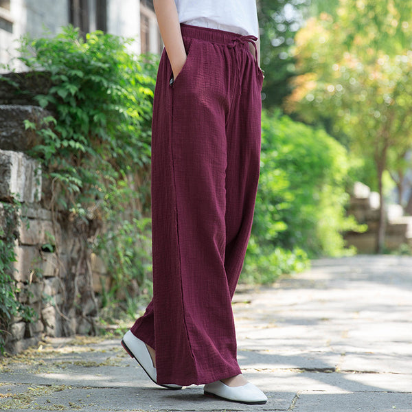 Women Wrinkled Linen and Cotton Yoga Style Wide Leg Pants