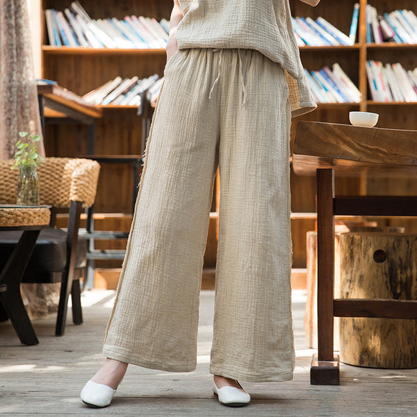 Women Wrinkled Linen and Cotton Yoga Style Wide Leg Pants