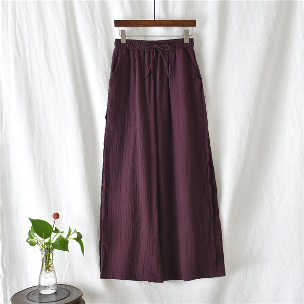 Women Wrinkled Linen and Cotton Yoga Style Wide Leg Pants