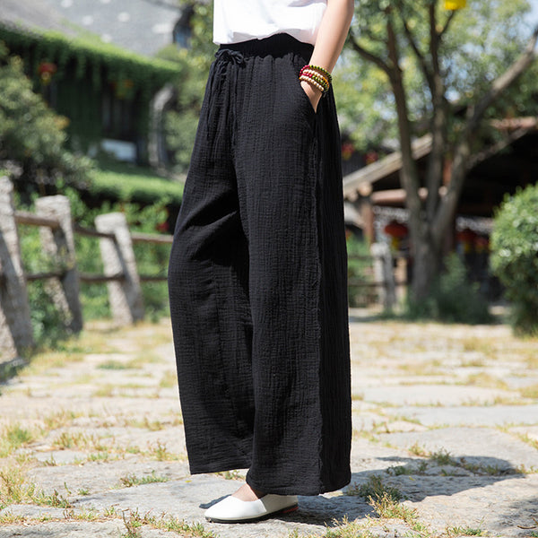 Women Wrinkled Linen and Cotton Yoga Style Wide Leg Pants