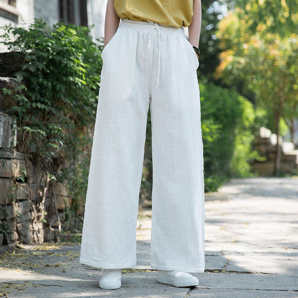 Women Wrinkled Linen and Cotton Yoga Style Wide Leg Pants