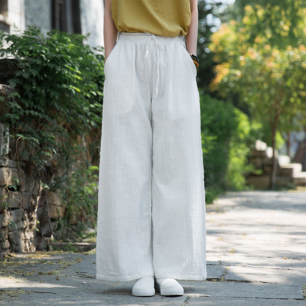 Women Wrinkled Linen and Cotton Yoga Style Wide Leg Pants