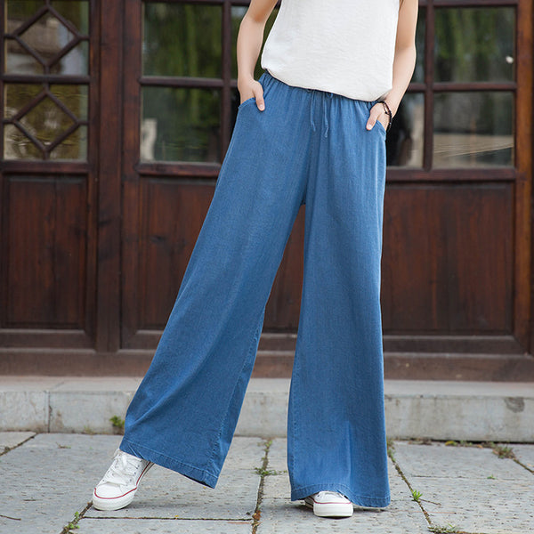 Women Sand Washed Jean Style Wide Leg Pants