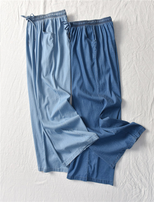 Women Sand Washed Jean Style Wide Leg Pants