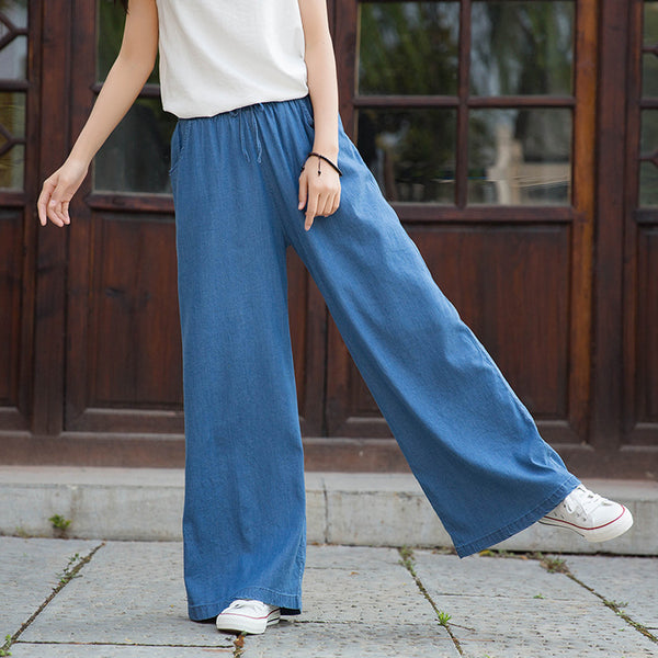 Women Sand Washed Jean Style Wide Leg Pants