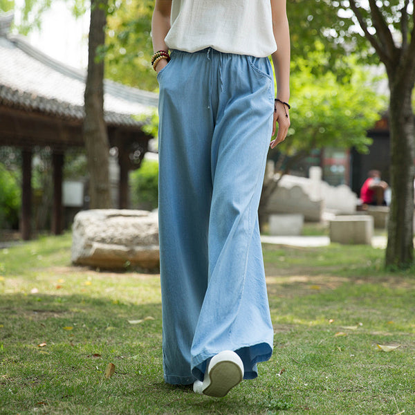 Women Sand Washed Jean Style Wide Leg Pants