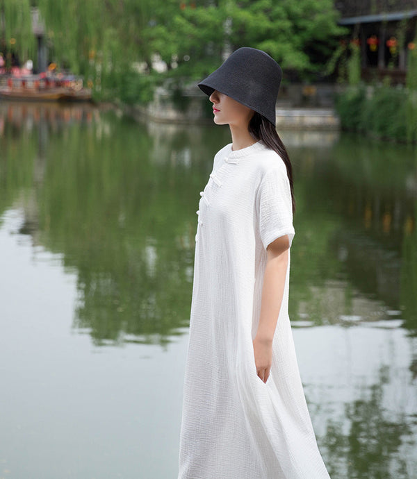 Retro Chinese Style Women Winkled Linen and Cotton Short Sleeve Dress