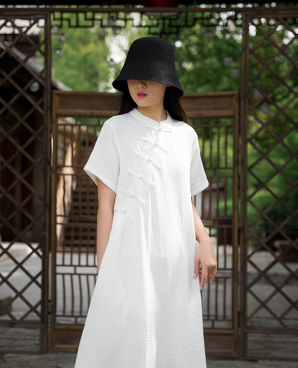 Retro Chinese Style Women Winkled Linen and Cotton Short Sleeve Dress