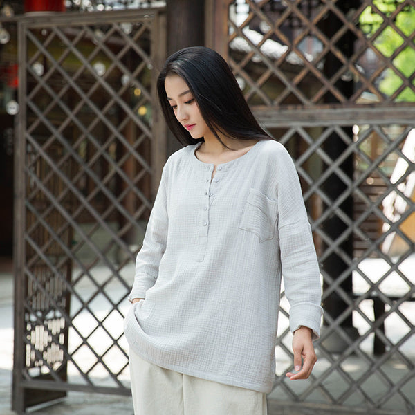 Women Simple Top Buckle Linen and Cotton Long Sleeve Loose T-shirt