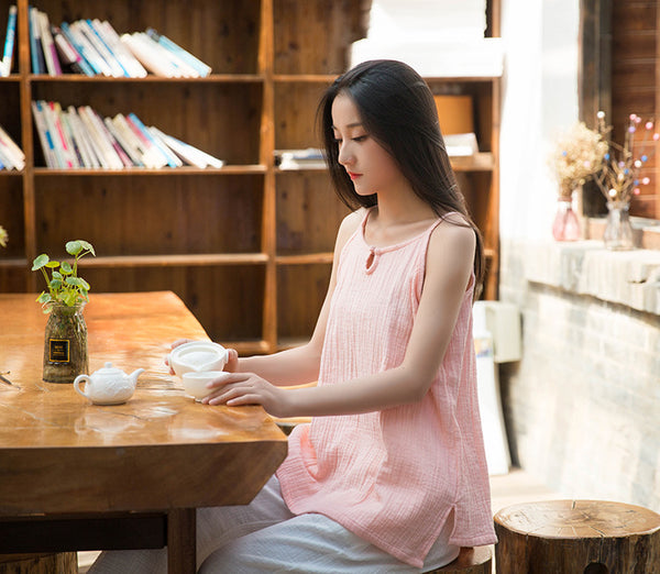 Women Casual Wrinkled Linen and Cotton Tank