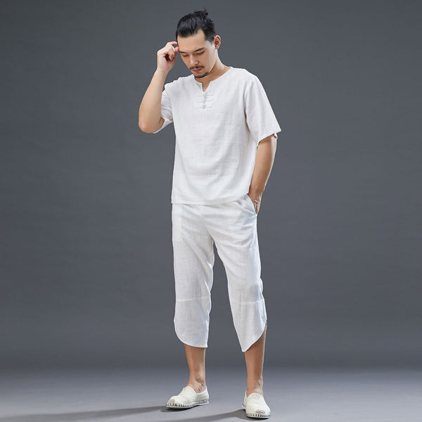 Men Retro Style Linen and Cotton Short Sleeve T-shirt and Capri Pants Set