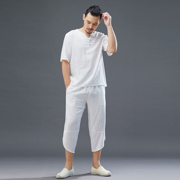 Men Retro Style Linen and Cotton Short Sleeve T-shirt and Capri Pants Set