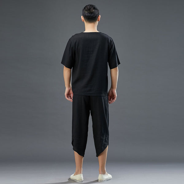 Men Retro Style Linen and Cotton Short Sleeve T-shirt and Capri Pants Set