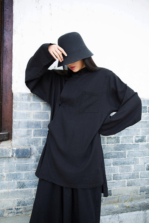 Women Retro Chinese Style Linen and Cotton Long Sleeve Loose Tops
