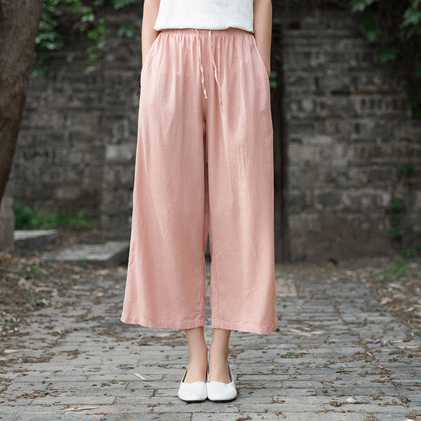 Women Linen and Cotton Yoga Style Wide Leg Cropped Pants