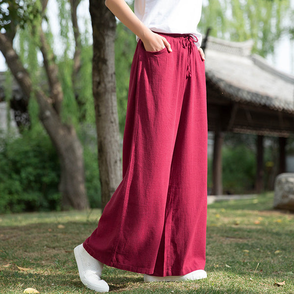 Women Sand Washed Linen and Cotton Wide Leg Pants