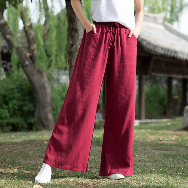 Women Sand Washed Linen and Cotton Wide Leg Pants