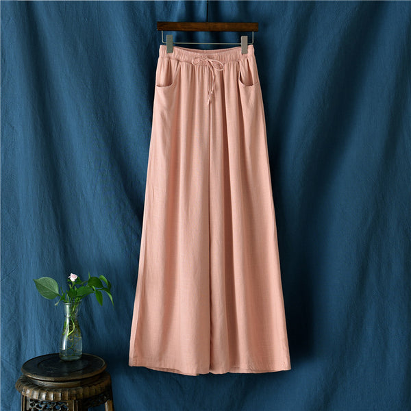 Women Sand Washed Linen and Cotton Wide Leg Pants