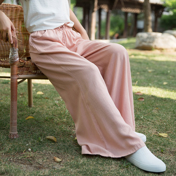 Women Sand Washed Linen and Cotton Wide Leg Pants