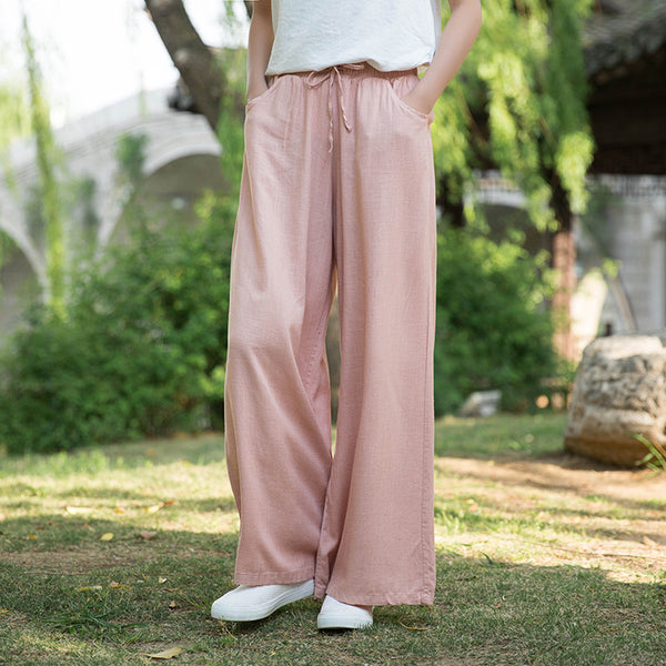 Women Sand Washed Linen and Cotton Wide Leg Pants