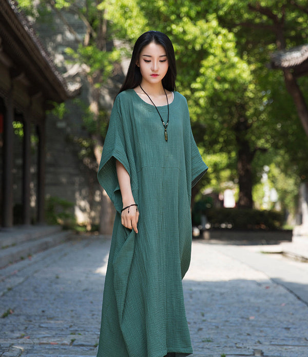 Women Simple Winkled Linen and Cotton Long Sleeve Loose Dress