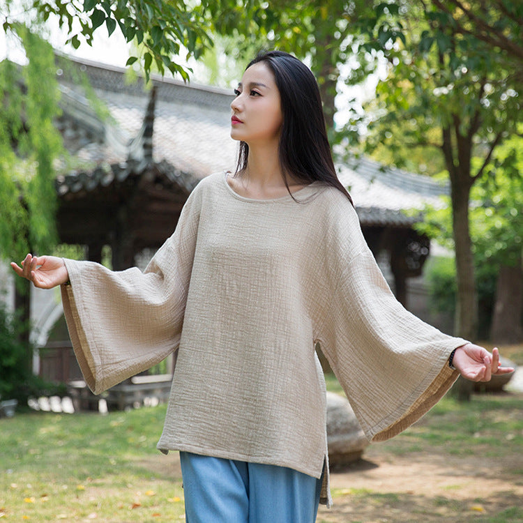 Women Retro Style Linen and Cotton Long Sleeve Loose T-shirt