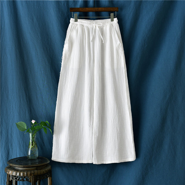 Women Wrinkled Linen and Cotton Yoga Style Wide Leg Pants