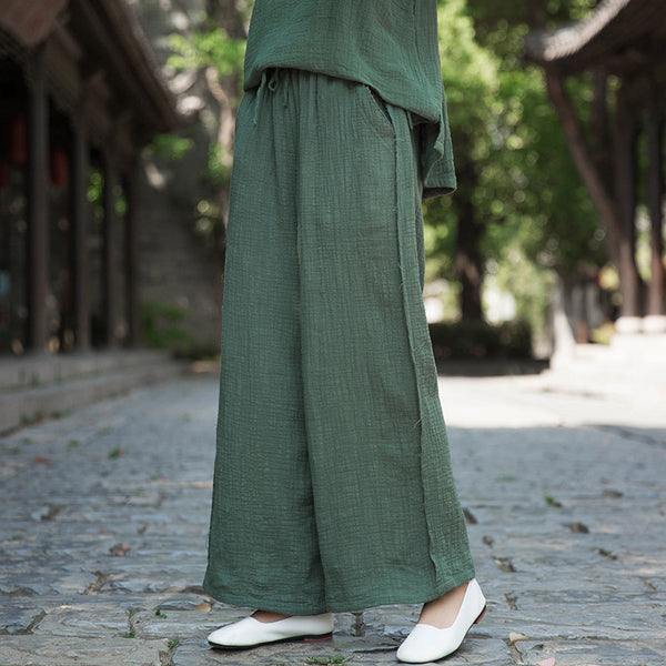 Women Wrinkled Linen and Cotton Yoga Style Wide Leg Pants