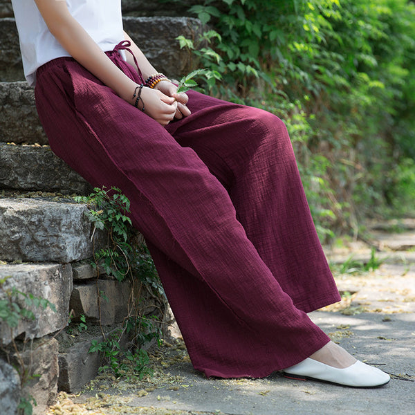 Women Wrinkled Linen and Cotton Yoga Style Wide Leg Pants