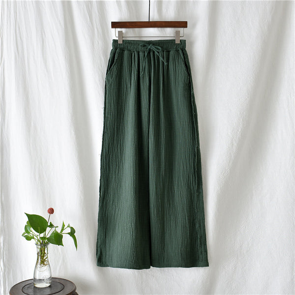 Women Wrinkled Linen and Cotton Yoga Style Wide Leg Pants