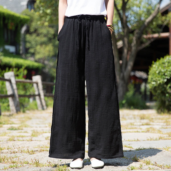 Women Wrinkled Linen and Cotton Yoga Style Wide Leg Pants