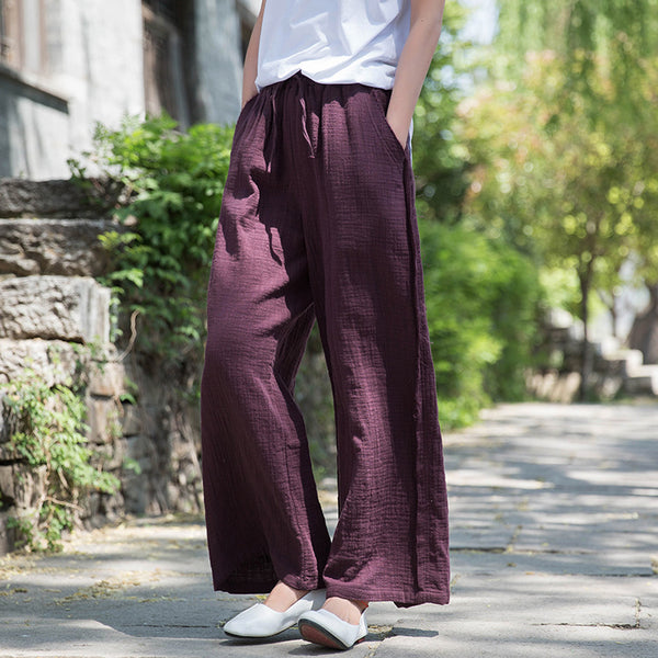 Women Wrinkled Linen and Cotton Yoga Style Wide Leg Pants