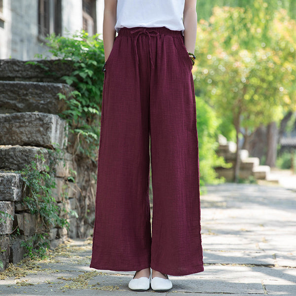 Women Wrinkled Linen and Cotton Yoga Style Wide Leg Pants