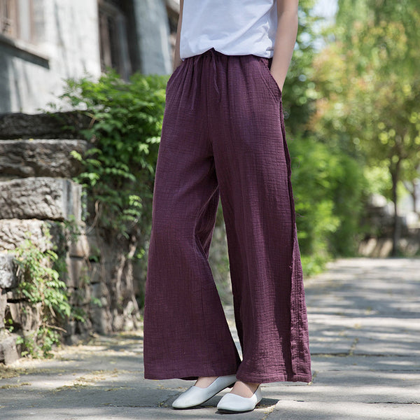 Women Wrinkled Linen and Cotton Yoga Style Wide Leg Pants